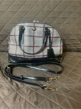 Coach Black Patent Leather Cora Glen Plaid Dome Satchel with Burgundy Accents